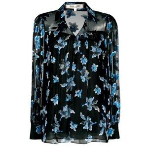 Diane Von Furstenberg Blue Floral Orchid Silk Burnout Long Sleeve Blouse V Neck